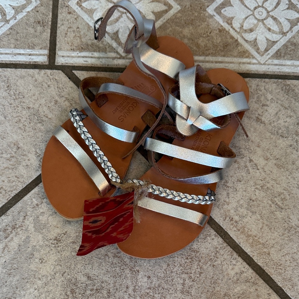 Handmade Greek Leather Metallic Silver Sandals